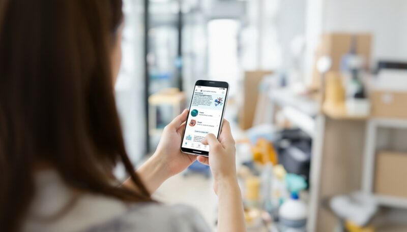 Schoonmaakster bekijkt Let's rethink cleaning-tips op haar smartphone.